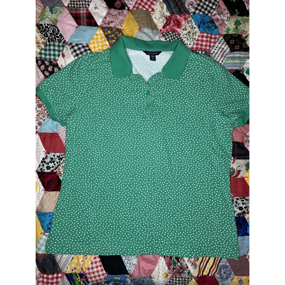 Lands' End Women's Classic Fit Green White Polka Dot Cotton Polo Shirt 10-12